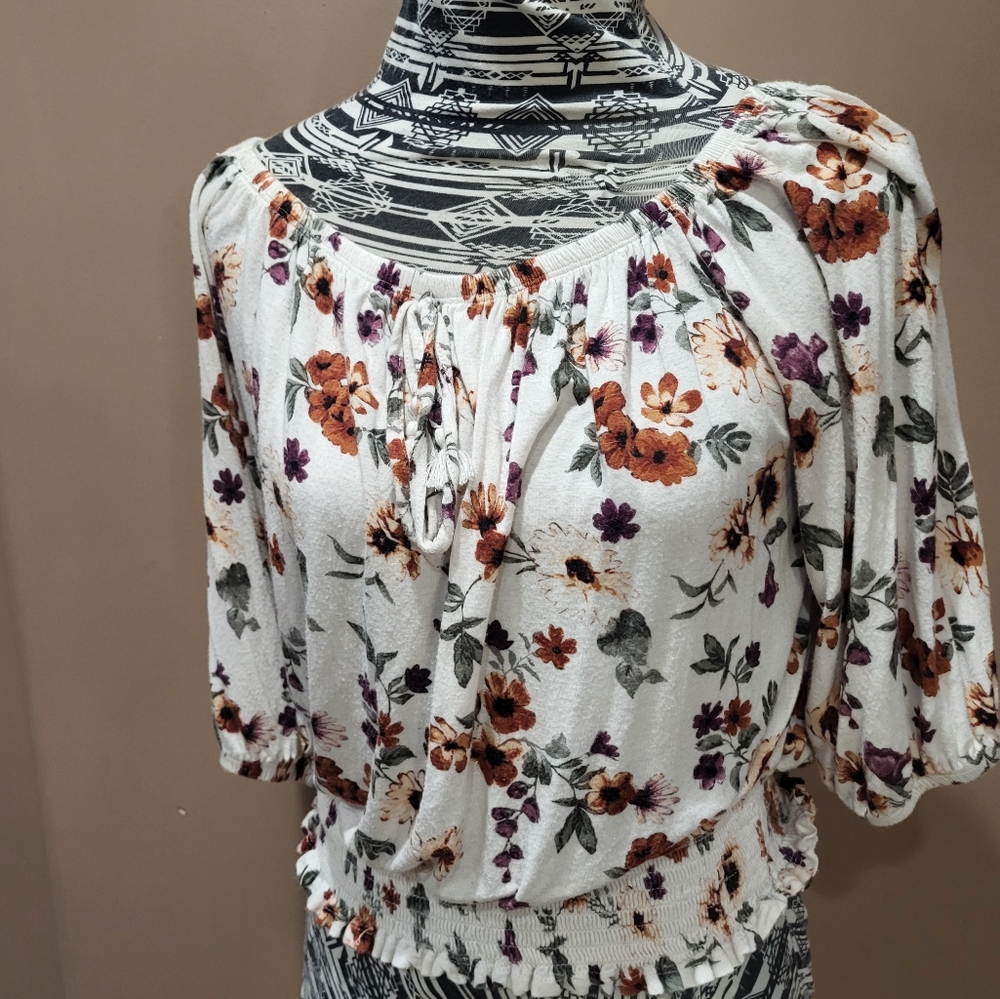 Floral Off-Shoulder Smocked Waisted Women's Peasant Top